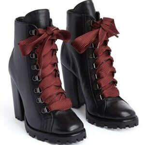 Schutz Zhara Lug Sole Boots Leather size 7.5 Black Red Lace Up- Like New